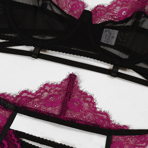 Lingerie suits fashion lace splicing mesh contrast sxy four - piece suits for women - Negative Apparel