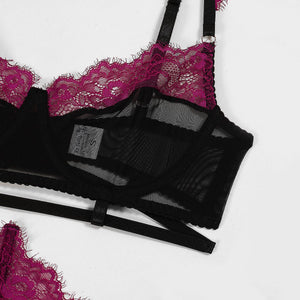 Lingerie suits fashion lace splicing mesh contrast sxy four - piece suits for women - Negative Apparel