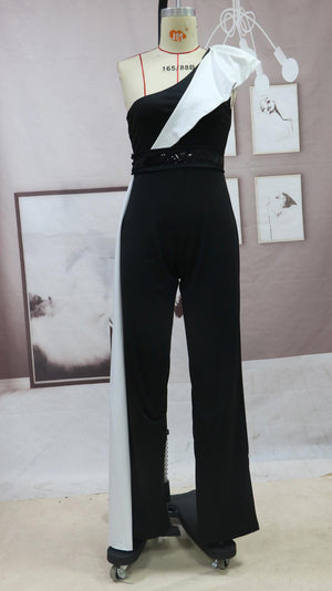 Long Black and White Contrast Sleeveless Slim Fit Splicing Solid Color Jumpsuit - Negative Apparel