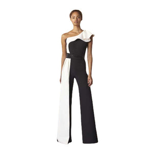 Long Black and White Contrast Sleeveless Slim Fit Splicing Solid Color Jumpsuit - Negative Apparel
