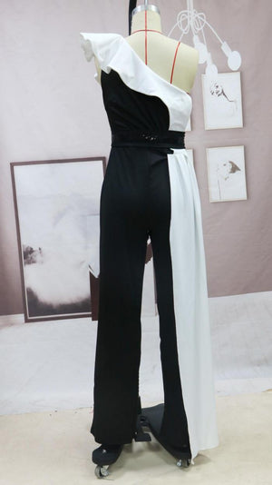 Long Black and White Contrast Sleeveless Slim Fit Splicing Solid Color Jumpsuit - Negative Apparel