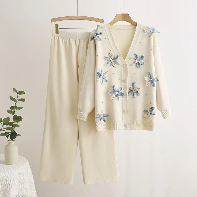 Long - sleeved knitted two - piece set three - dimensional butterfly top wide - leg pants set - Negative Apparel