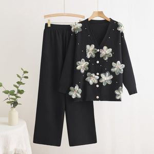Long - sleeved knitted two - piece set three - dimensional butterfly top wide - leg pants set - Negative Apparel