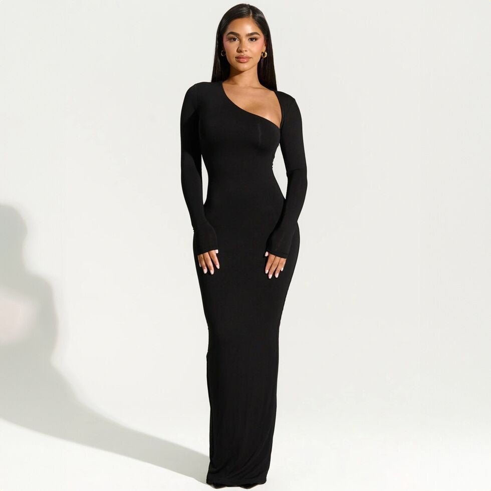 Long - sleeved oblique collar sexy hot girl slim back slit dress - Negative Apparel