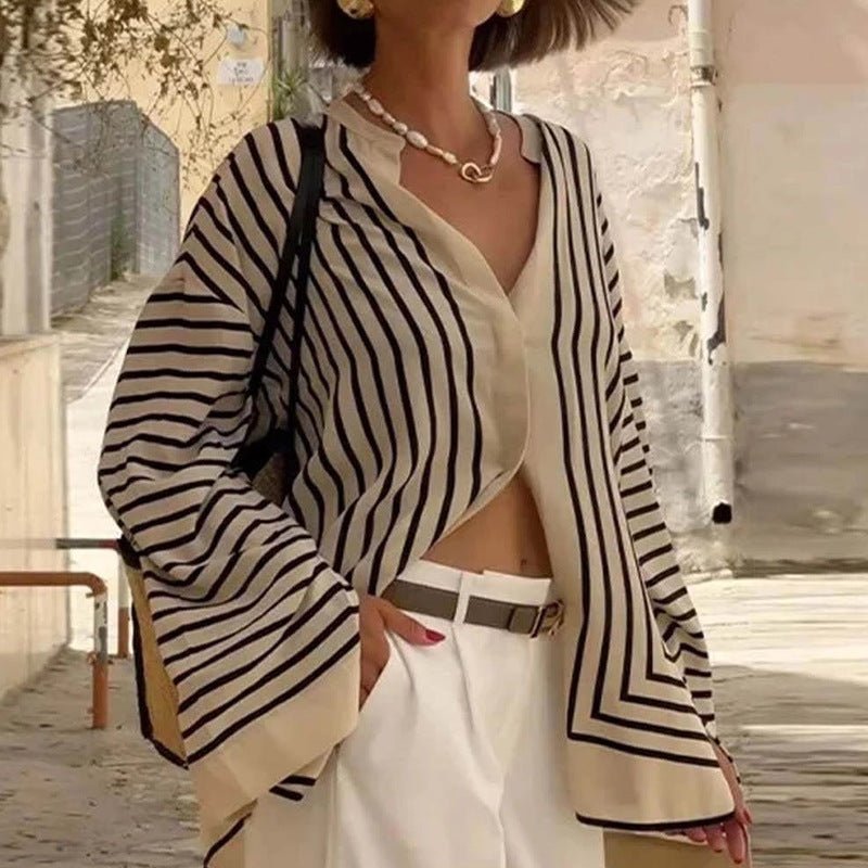 Long - sleeved shirt striped loose cardigan shirt women - Negative Apparel