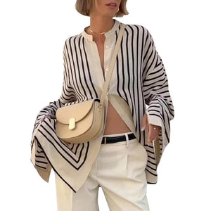 Long - sleeved shirt striped loose cardigan shirt women - Negative Apparel