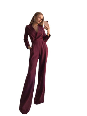 Long - sleeved solid color casual wine red trousers jumpsuit - Negative Apparel