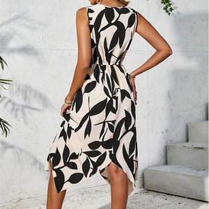 Long sleeveless midi skirt leaf print twist irregular dress - Negative Apparel