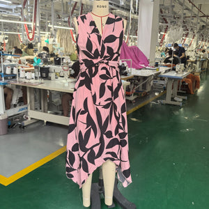 Long sleeveless midi skirt leaf print twist irregular dress - Negative Apparel