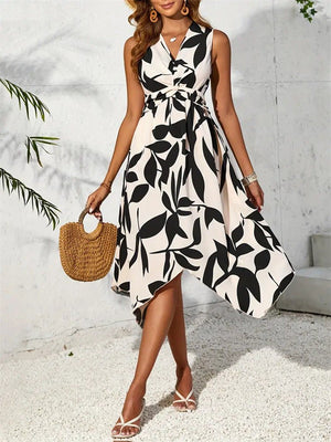 Long sleeveless midi skirt leaf print twist irregular dress - Negative Apparel