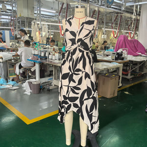 Long sleeveless midi skirt leaf print twist irregular dress - Negative Apparel