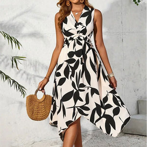 Long sleeveless midi skirt leaf print twist irregular dress - Negative Apparel