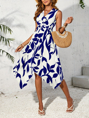 Long sleeveless midi skirt leaf print twist irregular dress - Negative Apparel