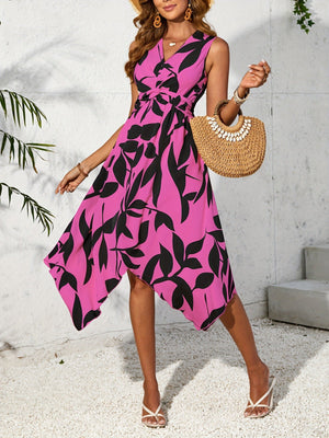 Long sleeveless midi skirt leaf print twist irregular dress - Negative Apparel