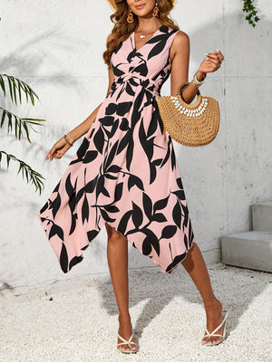 Long sleeveless midi skirt leaf print twist irregular dress - Negative Apparel