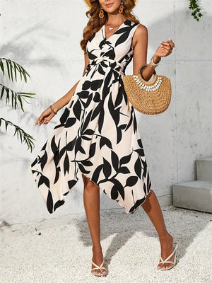 Long sleeveless midi skirt leaf print twist irregular dress - Negative Apparel