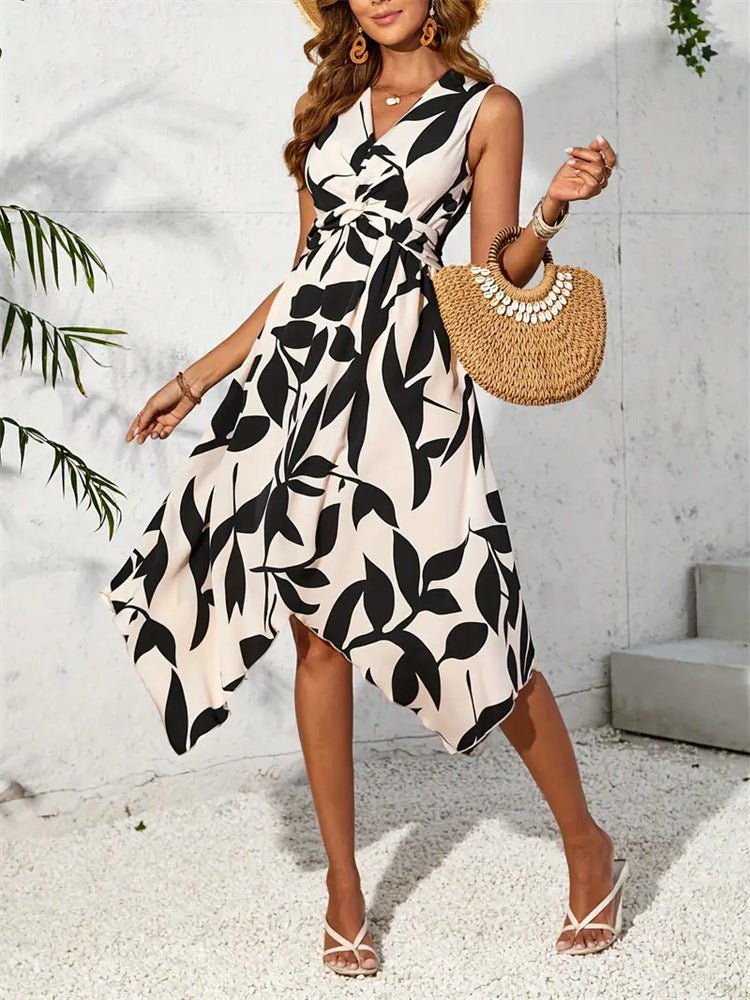 Long sleeveless midi skirt leaf print twist irregular dress - Negative Apparel