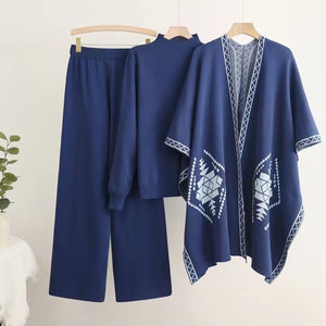 Loose and lazy mid - neck pullover knitted sweater with shawl cape jacket + wide - leg pants three - piece set - Negative Apparel