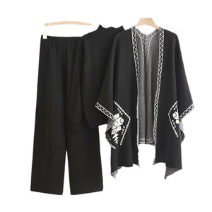 Loose and lazy mid - neck pullover knitted sweater with shawl cape jacket + wide - leg pants three - piece set - Negative Apparel