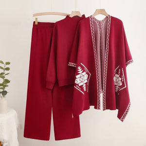 Loose and lazy mid - neck pullover knitted sweater with shawl cape jacket + wide - leg pants three - piece set - Negative Apparel