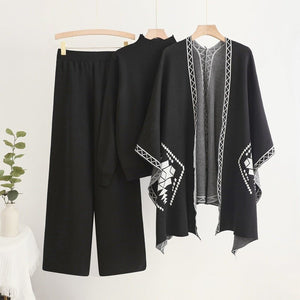 Loose and lazy mid - neck pullover knitted sweater with shawl cape jacket + wide - leg pants three - piece set - Negative Apparel