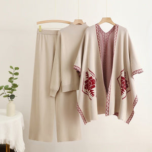 Loose and lazy mid - neck pullover knitted sweater with shawl cape jacket + wide - leg pants three - piece set - Negative Apparel