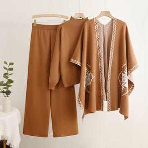 Loose and lazy mid - neck pullover knitted sweater with shawl cape jacket + wide - leg pants three - piece set - Negative Apparel