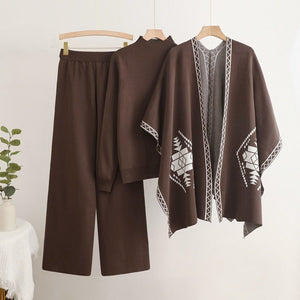 Loose and lazy mid - neck pullover knitted sweater with shawl cape jacket + wide - leg pants three - piece set - Negative Apparel