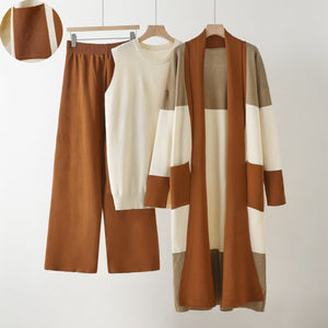 Loose cardigan jacket knitted three - piece vest wide - leg pants casual lazy co - ord set - Negative Apparel
