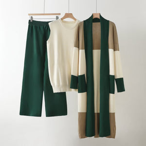 Loose cardigan jacket knitted three - piece vest wide - leg pants casual lazy co - ord set - Negative Apparel