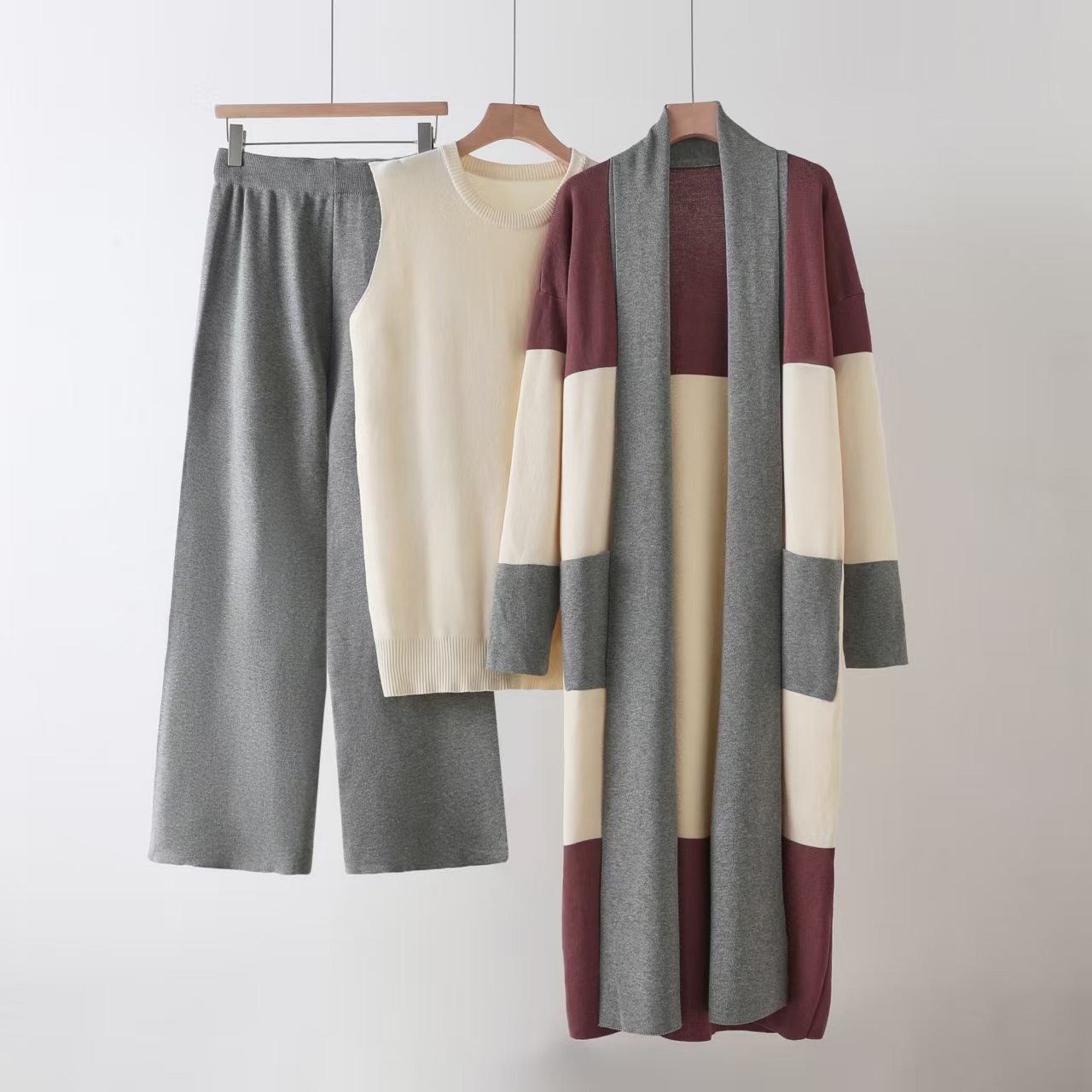 Loose cardigan jacket knitted three - piece vest wide - leg pants casual lazy co - ord set - Negative Apparel