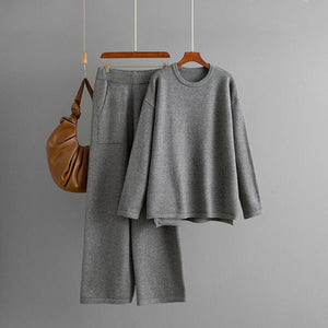 Loose - knit crew neck sweater fashionable casual wide - leg pants two - piece set solid color set - Negative Apparel