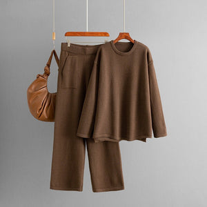 Loose - knit crew neck sweater fashionable casual wide - leg pants two - piece set solid color set - Negative Apparel