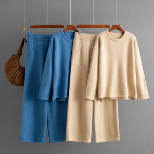 Loose - knit crew neck sweater fashionable casual wide - leg pants two - piece set solid color set - Negative Apparel