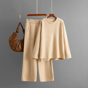 Loose - knit crew neck sweater fashionable casual wide - leg pants two - piece set solid color set - Negative Apparel