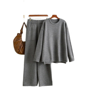 Loose - knit crew neck sweater fashionable casual wide - leg pants two - piece set solid color set - Negative Apparel