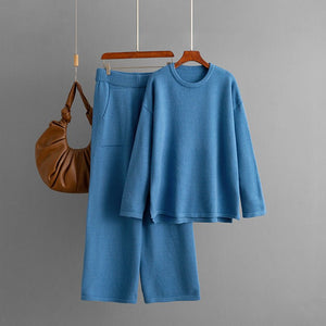 Loose - knit crew neck sweater fashionable casual wide - leg pants two - piece set solid color set - Negative Apparel