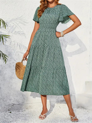 Lotus leaf sleeve long floral dress spring and summer women's high - end dress - Negative Apparel