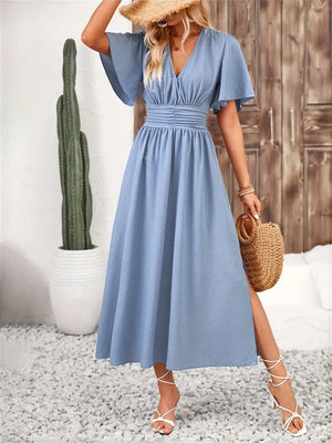 Lotus leaf sleeve slit elastic waist dress solid color long dress for summer - Negative Apparel