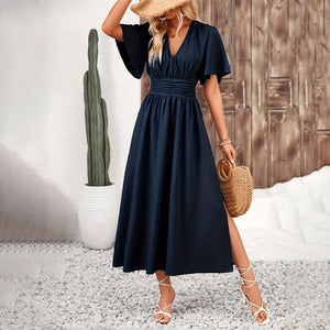 Lotus leaf sleeve slit elastic waist dress solid color long dress for summer - Negative Apparel
