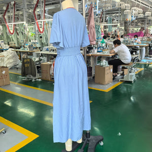 Lotus leaf sleeve slit elastic waist dress solid color long dress for summer - Negative Apparel