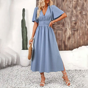 Lotus leaf sleeve slit elastic waist dress solid color long dress for summer - Negative Apparel