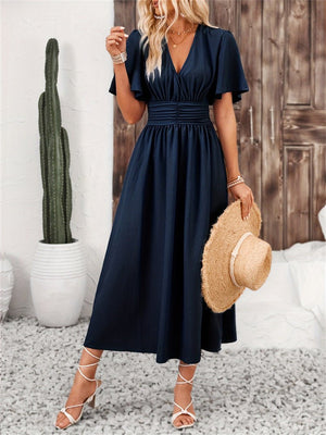 Lotus leaf sleeve slit elastic waist dress solid color long dress for summer - Negative Apparel