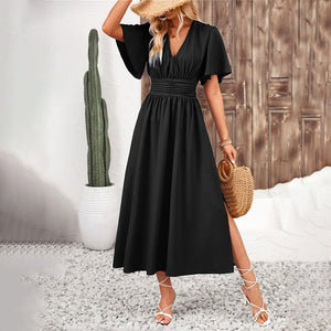 Lotus leaf sleeve slit elastic waist dress solid color long dress for summer - Negative Apparel