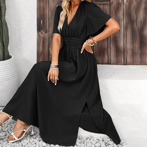 Lotus leaf sleeve slit elastic waist dress solid color long dress for summer - Negative Apparel