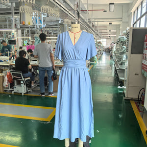 Lotus leaf sleeve slit elastic waist dress solid color long dress for summer - Negative Apparel