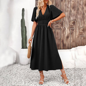 Lotus leaf sleeve slit elastic waist dress solid color long dress for summer - Negative Apparel