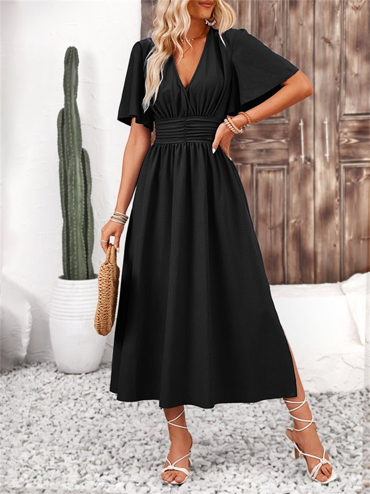 Lotus leaf sleeve slit elastic waist dress solid color long dress for summer - Negative Apparel
