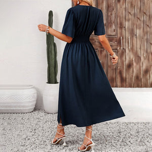 Lotus leaf sleeve slit elastic waist dress solid color long dress for summer - Negative Apparel