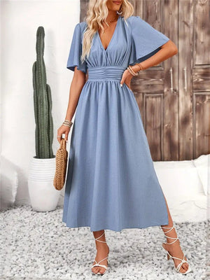 Lotus leaf sleeve slit elastic waist dress solid color long dress for summer - Negative Apparel